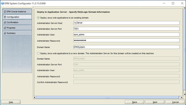 Deploy to Application Server – Specify WebLogic Domain Information screen of EPM System Configurator
