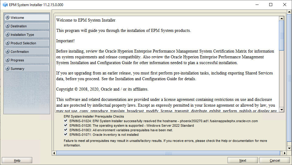 EPM System installer Welcome screen