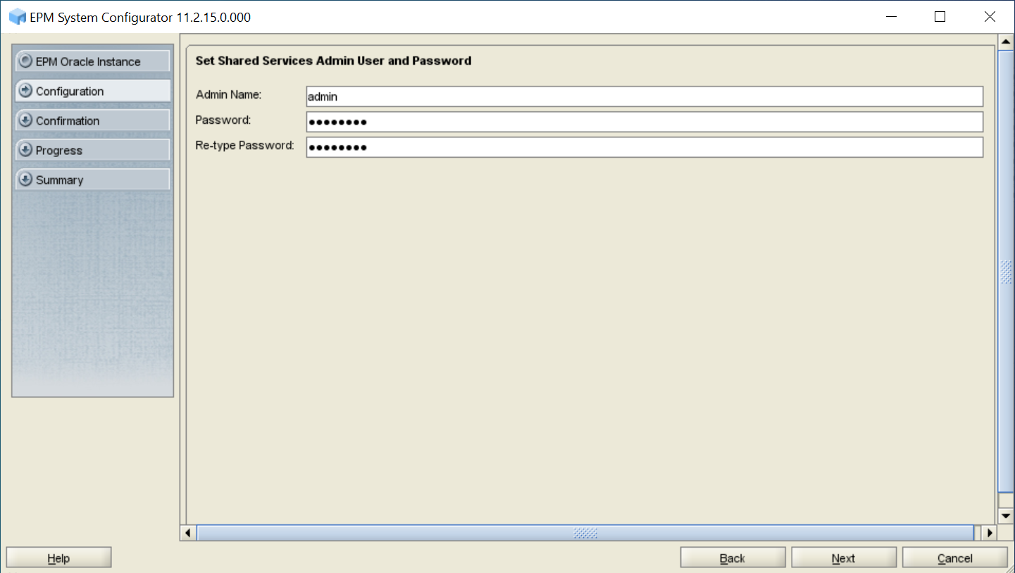 Set Shared Services Admin User and Password screen of EPM System Configurator