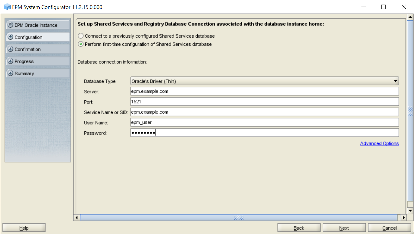 Database configuration screen of EPM System Configurator