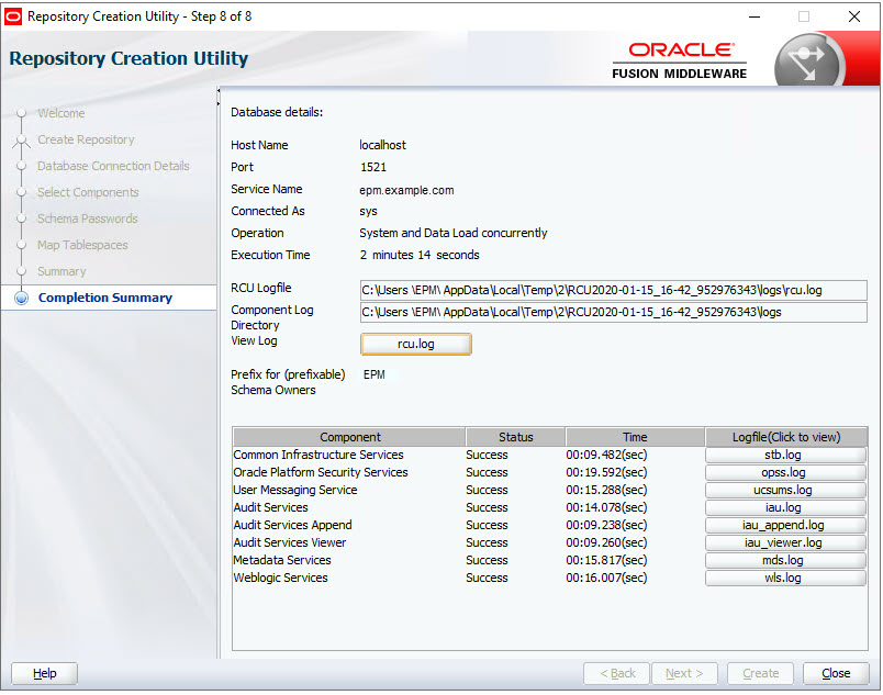 Completion Summary page for Repository Creation Utility