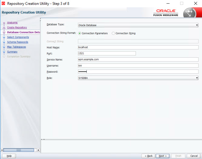 Database Connection Details page for Repository Creation Utility