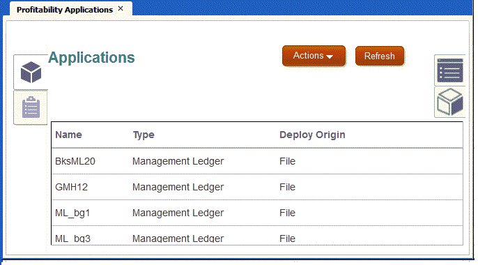 The Profitability Applications Console has an Actions button and a Refresh button.