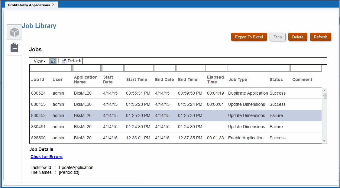 The Job Library screen displays the details for each currently subbmitted job. The Job Library screen displays the details for each currently subbmitted job.