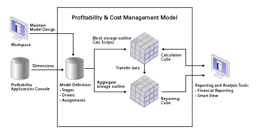 The model metadata is used in the creation of the Profitability and Cost Management model, and the calculated results can be output in a variety of reporting and analysis tools.