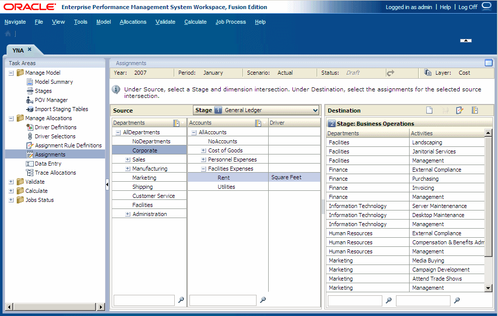 Assignments screen is used to select the stage, and Source intersection for an assignment.