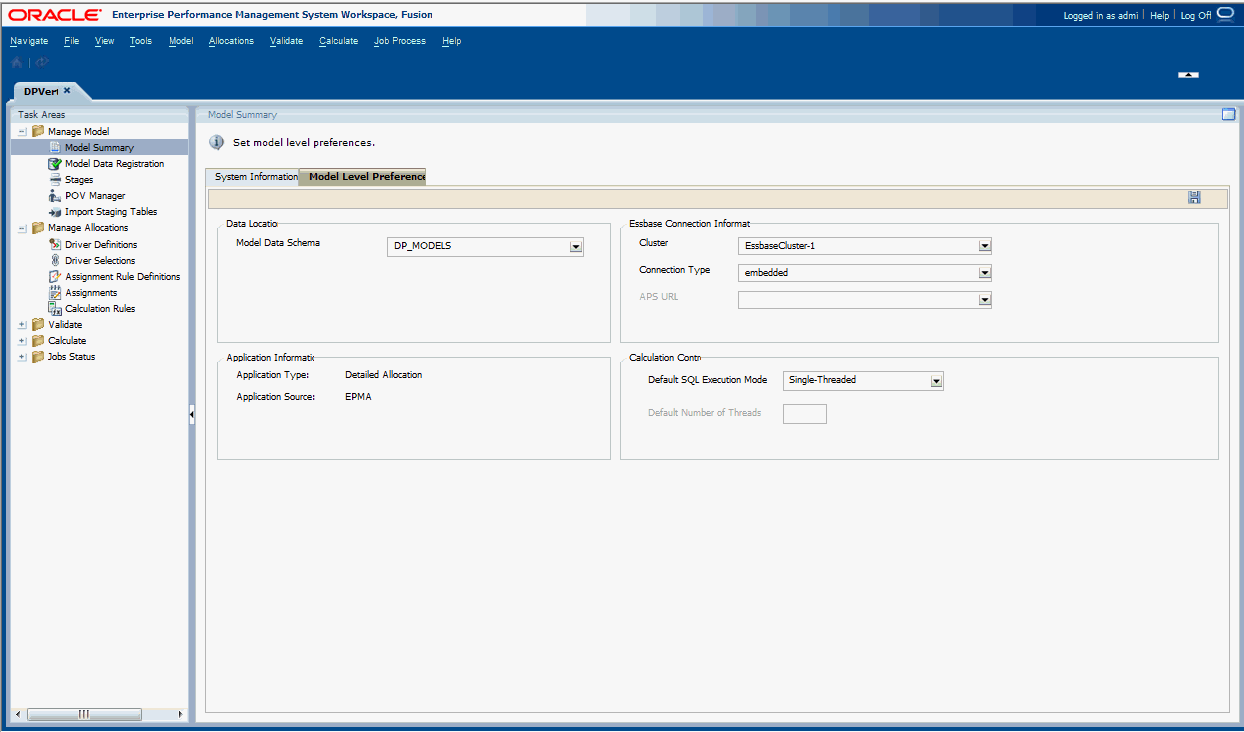 The Model Level Preference tab of the Model Summary window is used to select the Model Data Schema for the Detailed Allocation application.