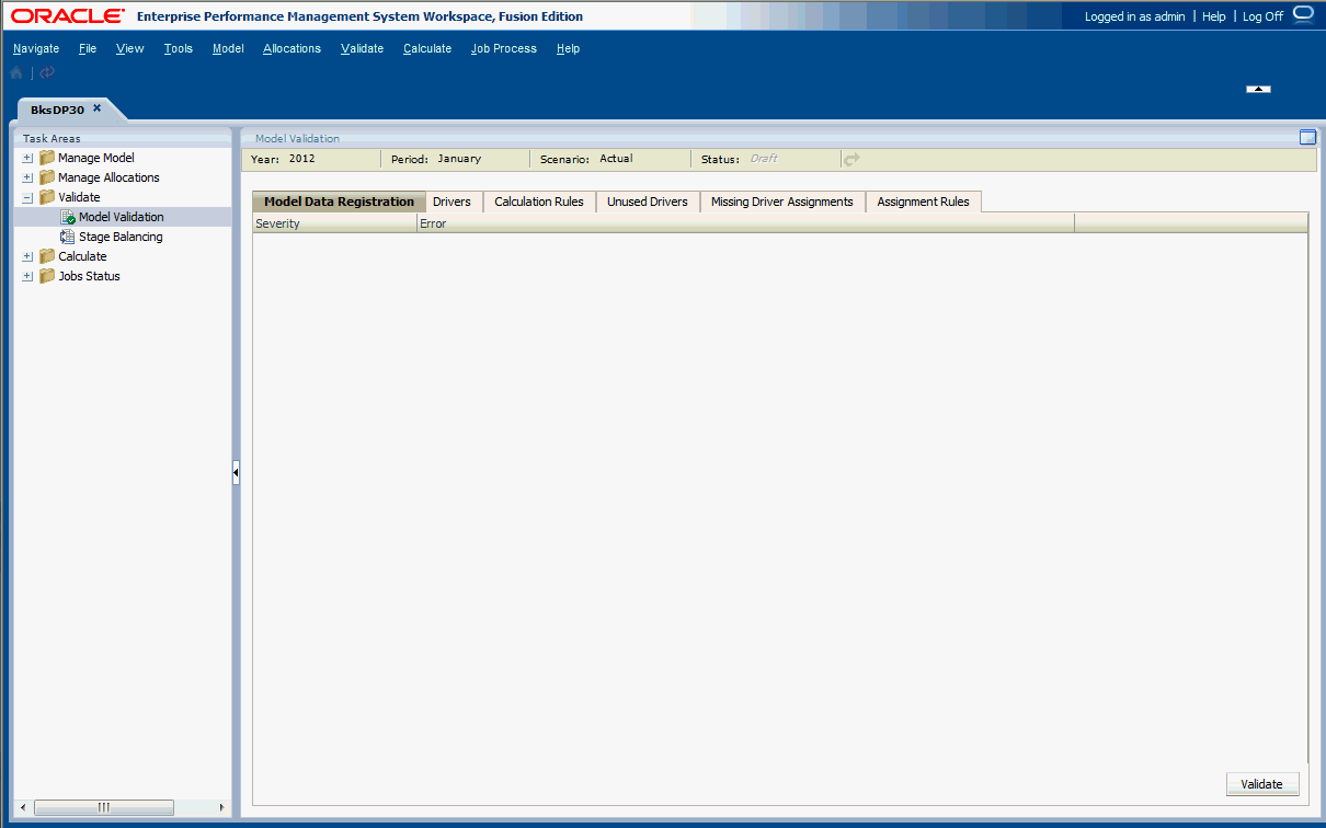 Use the Model Validation screen to validate the structure of the model before deploying the application.