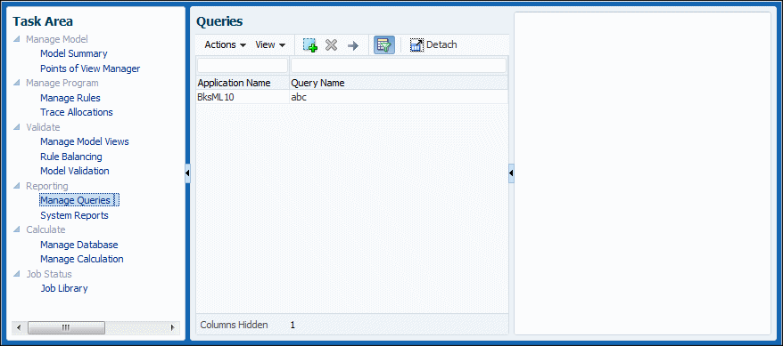 The Queries screen lists available queries and contains icons for creating, deleting, filtering, and running queries.