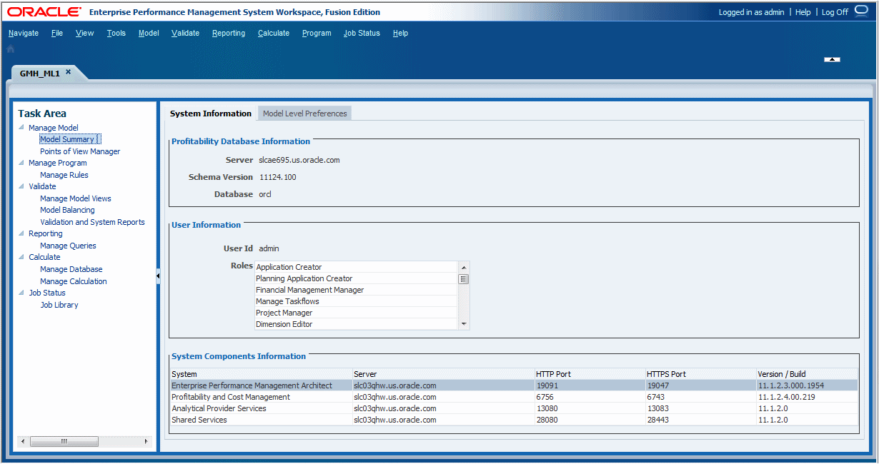 The Model Summary window displays the System Information, such as the Profitability relational database information, user information and system components information. You can also select the Model Level Preferences tab to set display preferences.