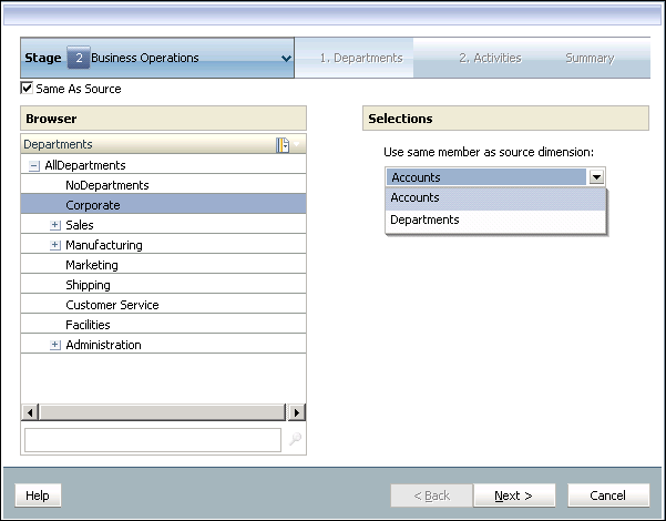 Select Same as Source, and select the member to be used as the source dimension.