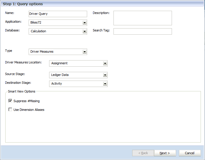 Enter the Query options for the Smart View query.