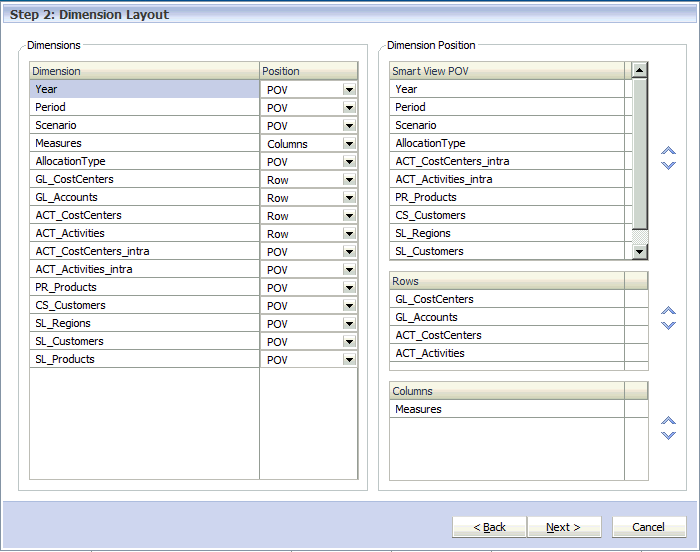 Select the Dimensions to be used in the query, and the appropriate Dimension Position.