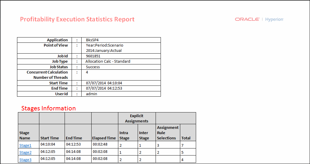 Execution Statistics reports contain the following columns: Stage Name, Start Time, End Time, Elapsed Time, Intra Stage, Inter Stage, Assignment Rule Selections, Total.