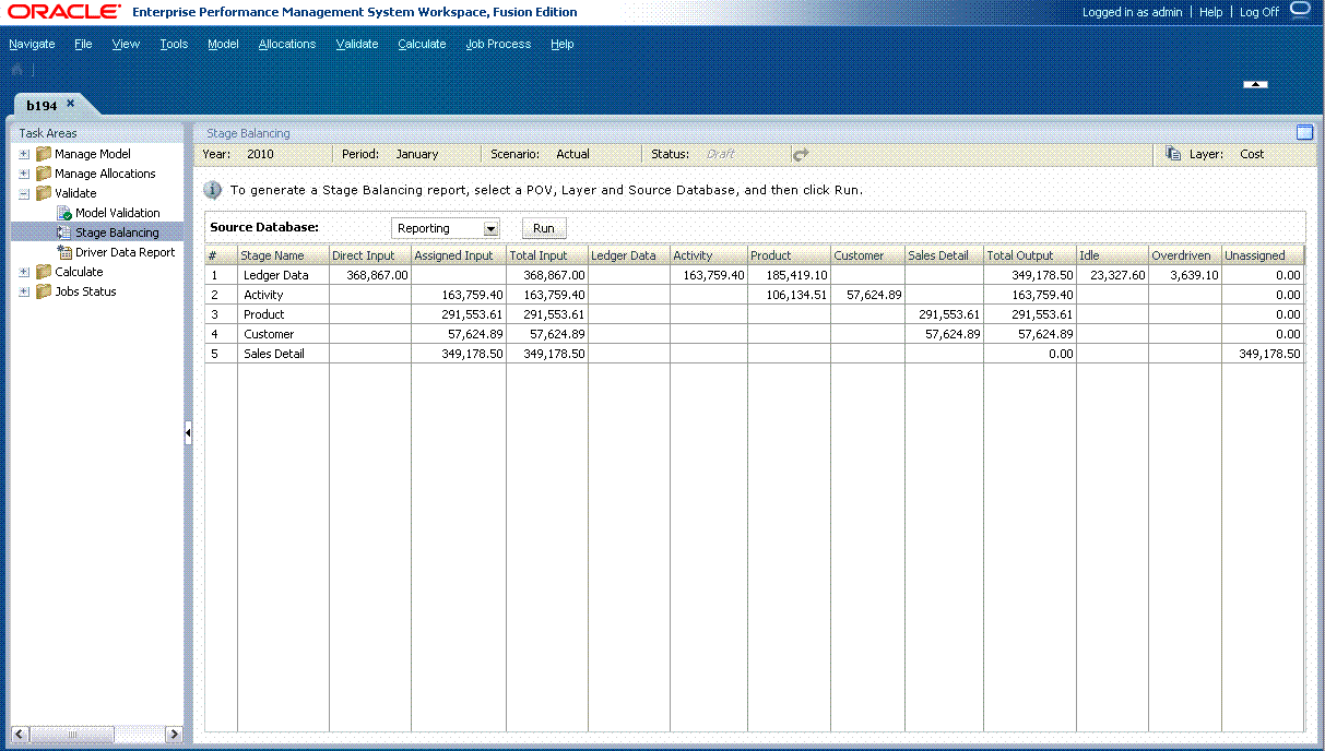 The Stage Balancing screen is used to select and generate stage values for Direct Input, Assigned Input, business dimensions, Total Output, and Idle, Overdriven and Unassigned, if available.