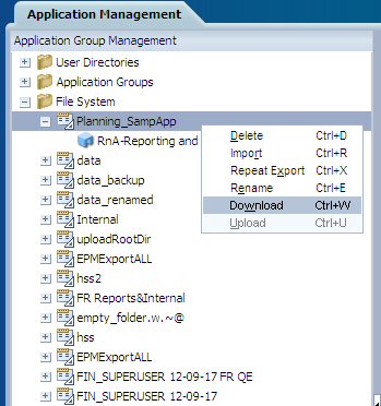 File System Node expanded with Planning File System folder right-clicked and the Download option selected on the menu