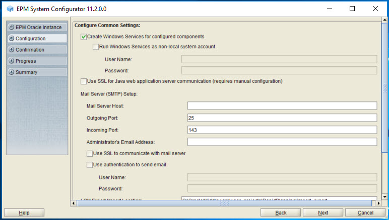 Configure Common Settings page of EPM System Configurator