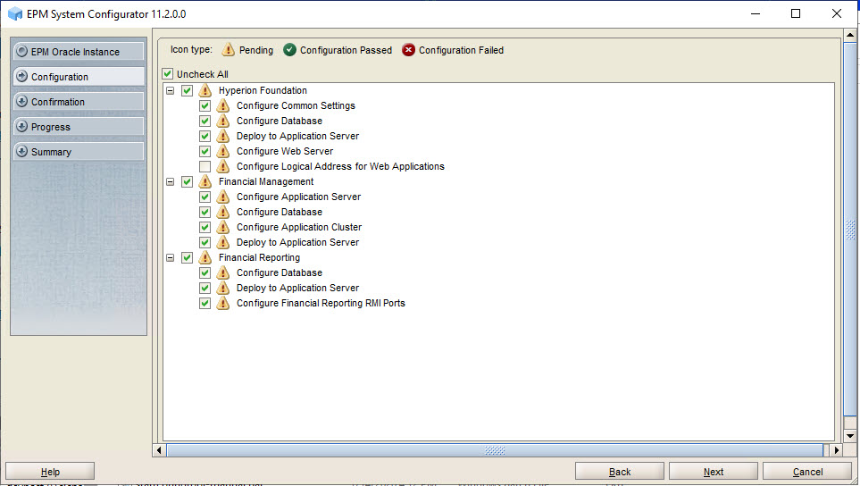 Configuration page of EPM System Configurator