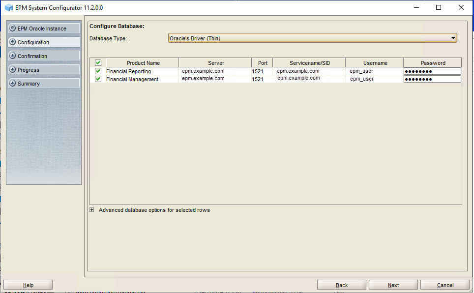 Configure Database page of EPM System Configurator