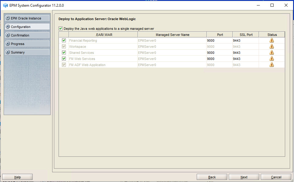 Deploy to Application Server: Oracle WebLogic page of EPM System Configurator