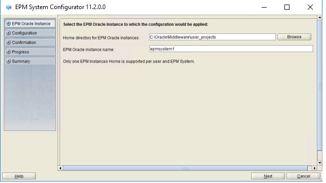 EPM Oracle Instance page of EPM System Configurator