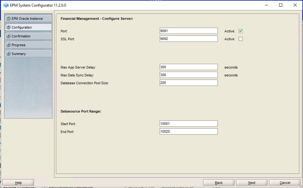 Financial Management – Configure Server page of EPM System Configurator