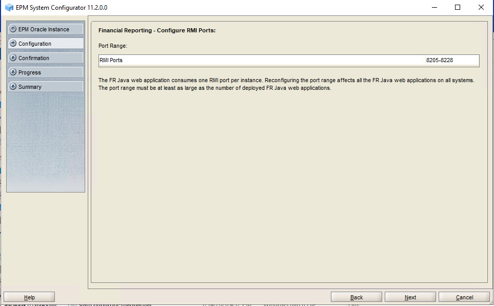 Financial Reporting – Configure RMI Ports page of EPM System Configurator