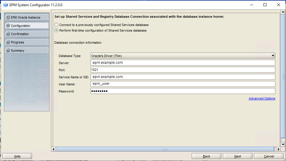 Shared Services Registry page of EPM System Configurator