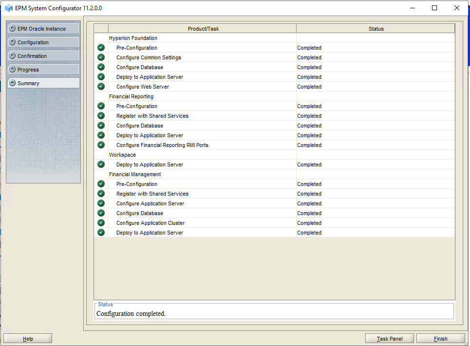 Summary page of EPM System Configurator