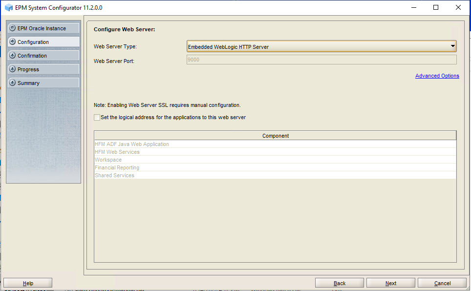 Configure Web Server page of EPM System Configurator