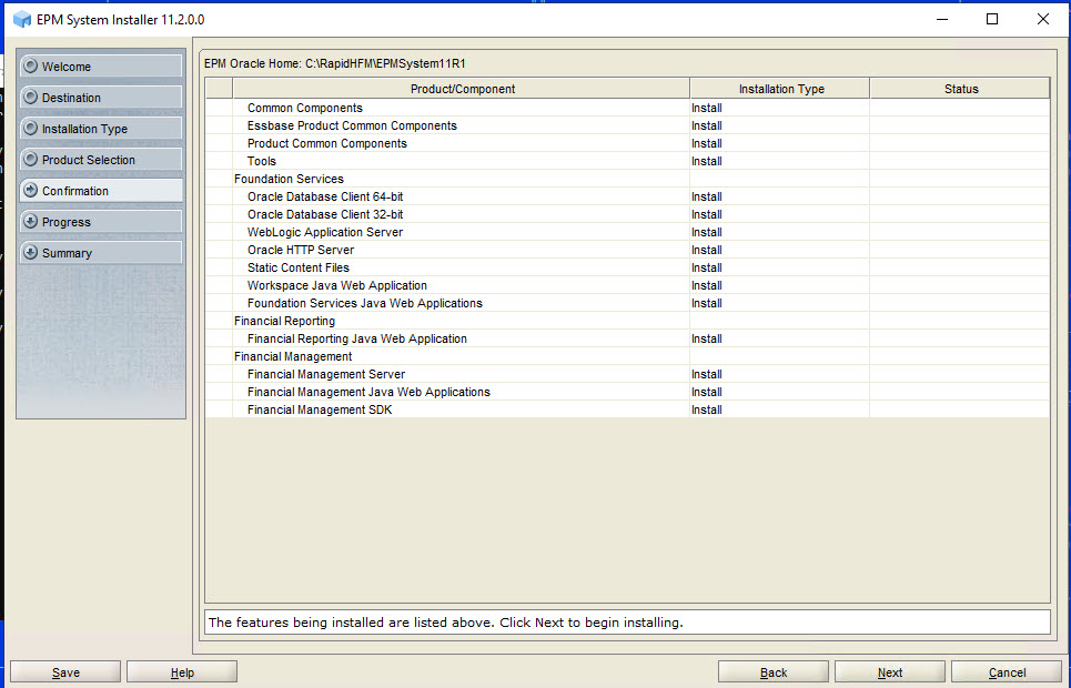 Confirmation page of EPM System Installer