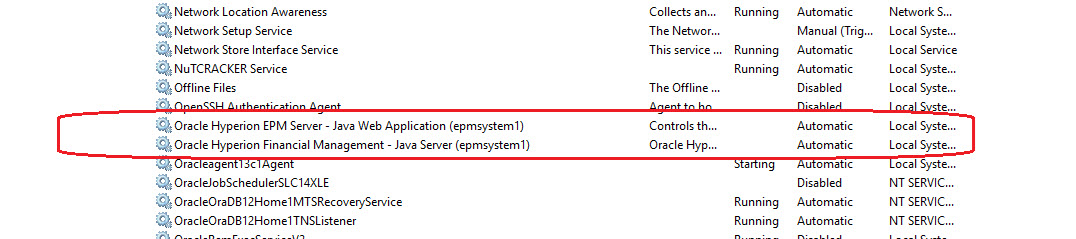 EPM System services in Windows Services