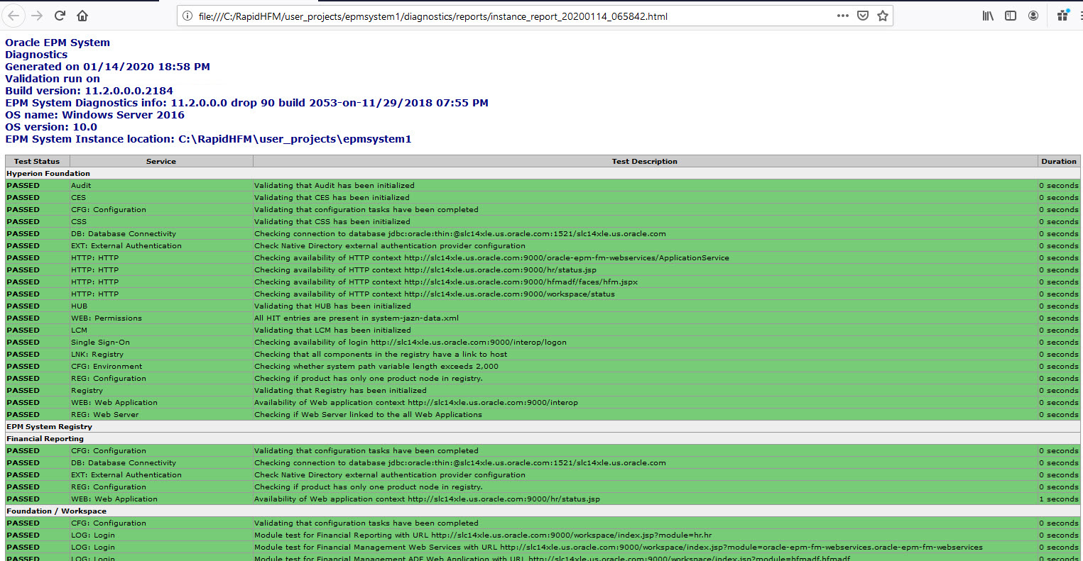 EPM System Diagnostics report