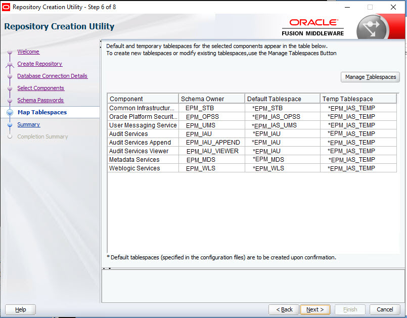 Map Tablespaces page for Repository Creation Utility