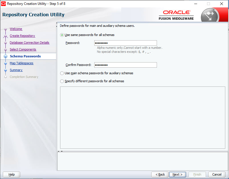 Schema Passwords page for Repository Creation Utility