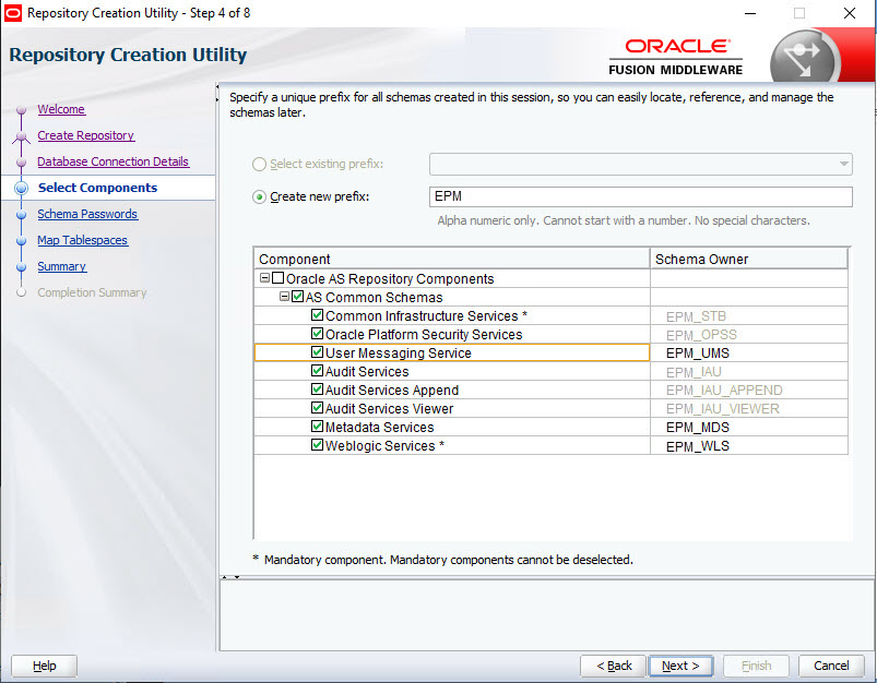 Select Components page for Repository Creation Utility