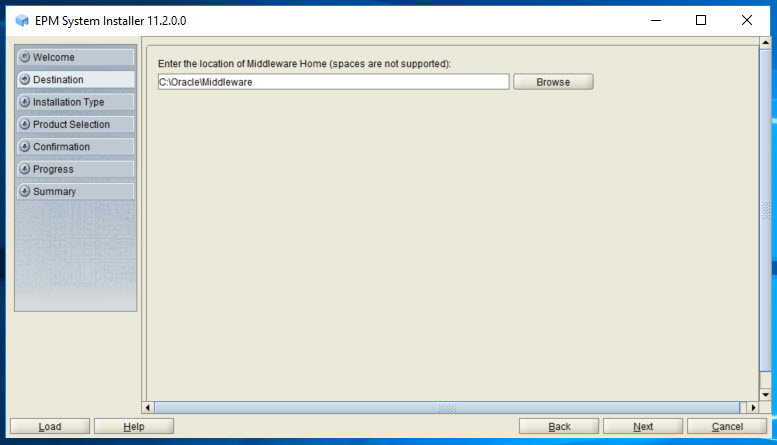 Destination page of EPM System Installer
