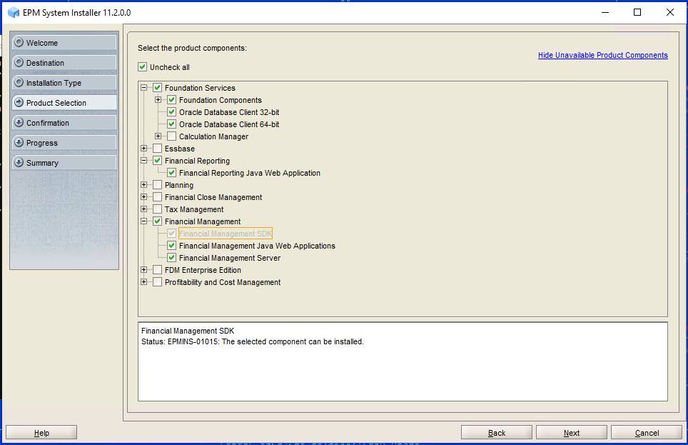Product Selection page of EPM System Installer