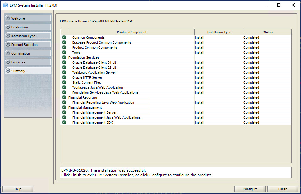 Summary page of EPM System Installer
