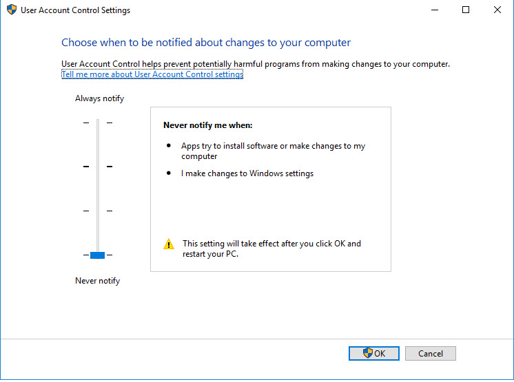 User Account Control Settings screen