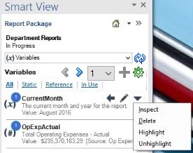 The Options menu for the selected variable, where you can select the Delete option.