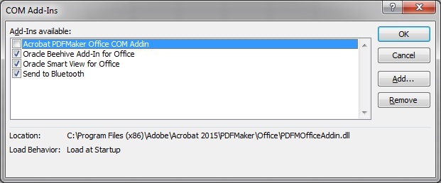 COM Add-Ins dialog showing the Acrobat PDFMaker Office COM Addin as disabled, and other available add-ins as enabled.