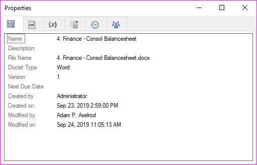 Properties tab in the Properties dialog box for a selected doclet.