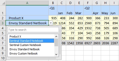 The row dimension member Envoy Standard Netbook is selected in the form, and a drop-down arrow appears to the right of the cell, which has been clicked, displaying a drop-down list from which to make a member selection. Using the scroll bar, you can view all members in the dimension in this list.