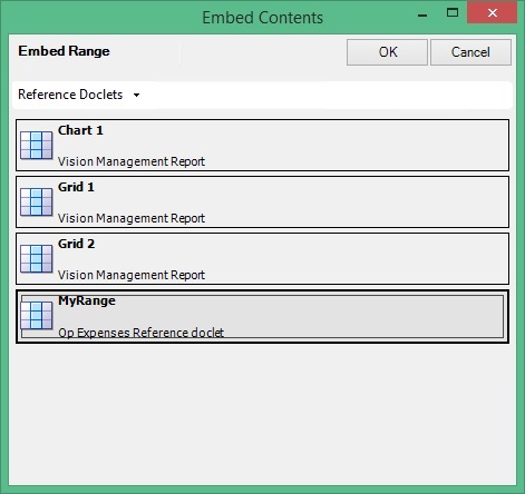 The Embed Contents dialog box with MyRange selected.