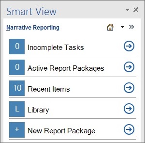 Shows the Narrative Reporting Home panel, providing access to the items that require user attention and access to recently accessed items as well as the Narrative Reporting Reporting Library node.