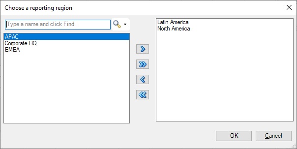 Similar to a Member Selection dialog. Selected prompts are listed in the right pane, available prompts are listed in the left pane. Use the right and left arrow buttons between the panes to move items from one pane to the other.