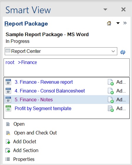 The Open and Check Out command is shown in the Action Panel after selecting a doclet in the report package.