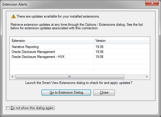 Extension Alerts dialog, showing the extensions available for installation. In this example, all three extensions related to Narrative Reporting are available for installation: