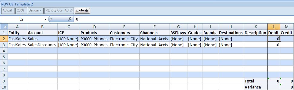 Example of initial journal after clicking Create Journal using a standard, balanced template. There are two rows on the journal from the EastSales entity, one row for Sales, and one for SalesDiscounts.